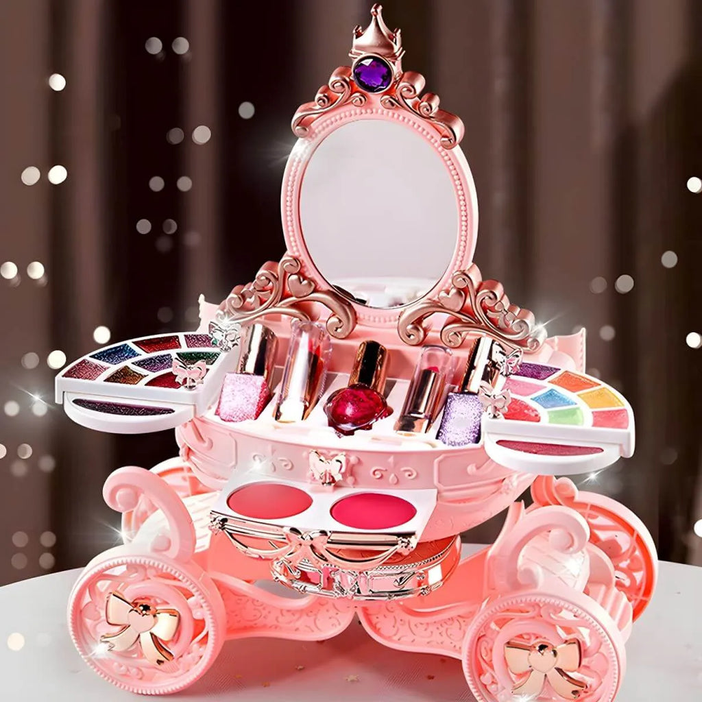 Princess Carriage Kids Vanity Set with Mirror & Makeup Kit – Pink Plastic