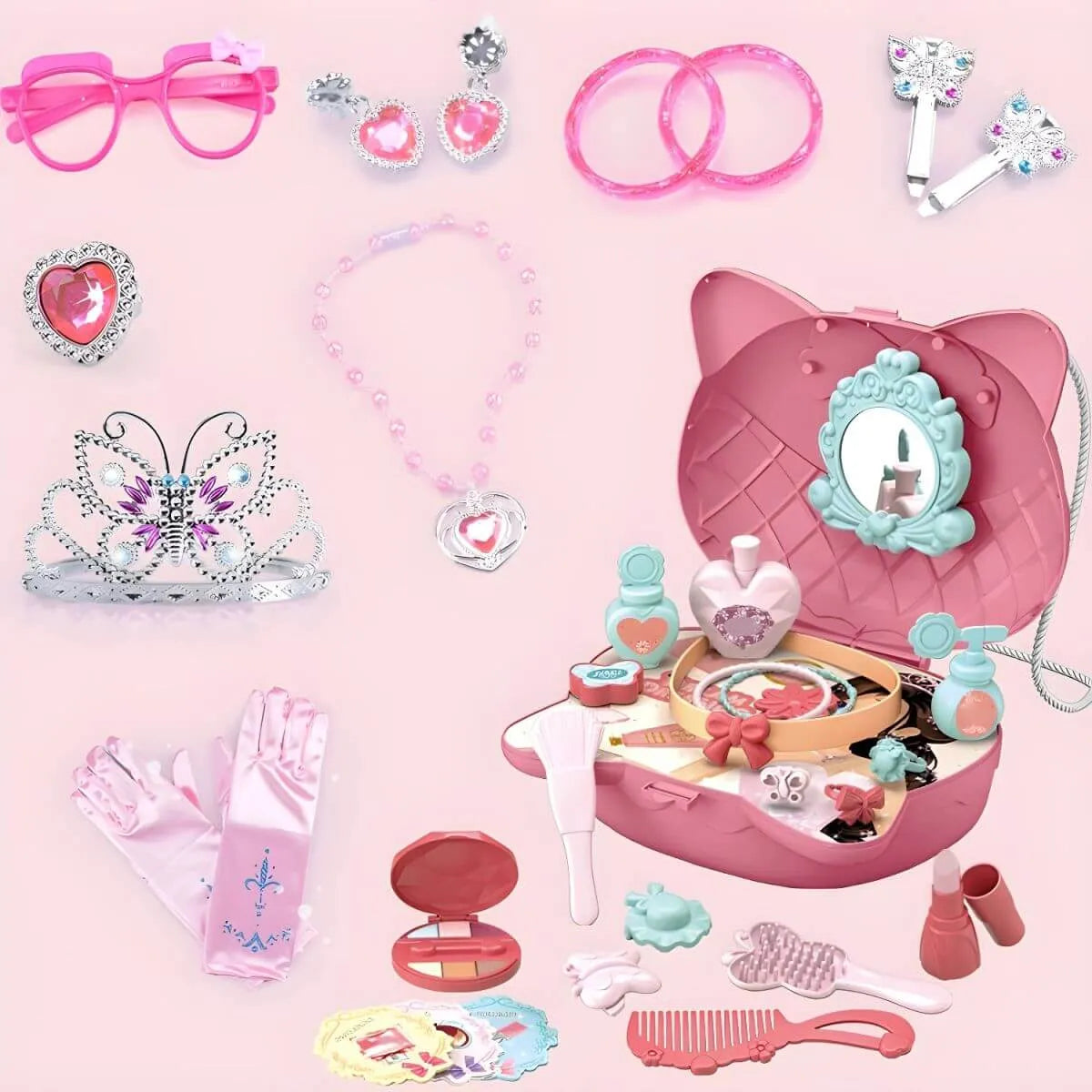 Princess-Themed Folding Kids Makeup Vanity with Mirror & 18-Piece Accessory Set