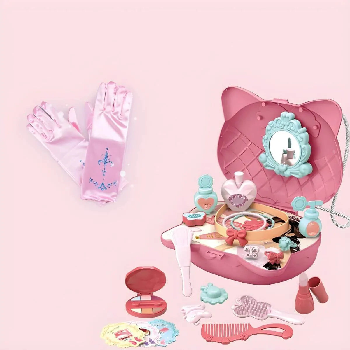Princess-Themed Folding Kids Makeup Vanity with Mirror & 18-Piece Accessory Set