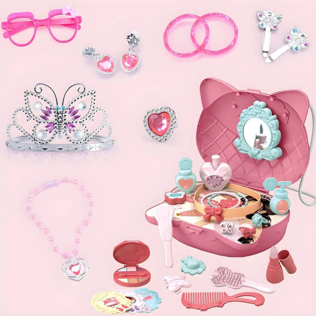 Princess-Themed Folding Kids Makeup Vanity with Mirror & 18-Piece Accessory Set