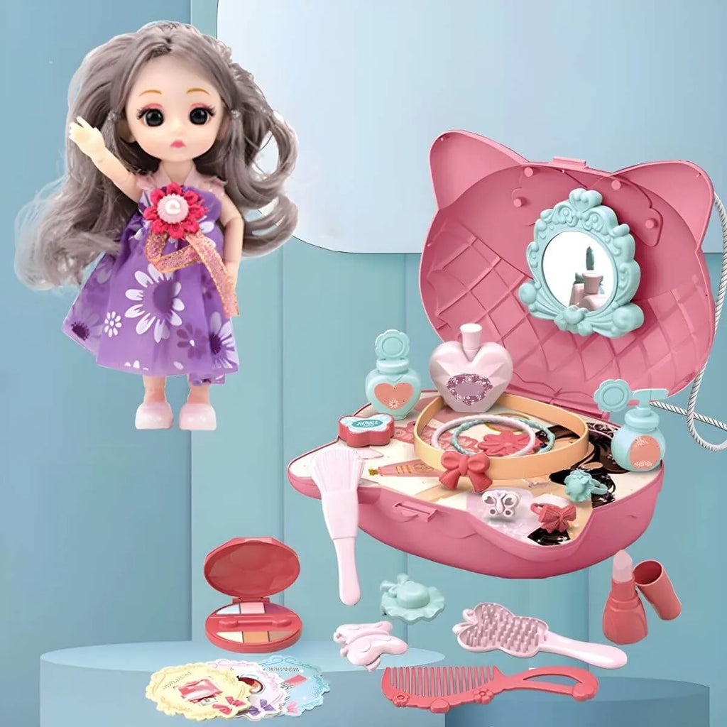Princess-Themed Folding Kids Makeup Vanity with Mirror & 18-Piece Accessory Set