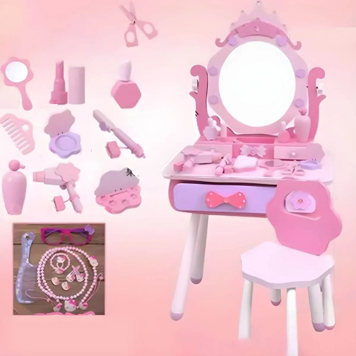 Princess-Themed Kids Makeup Vanity Set with Mirror and Chair