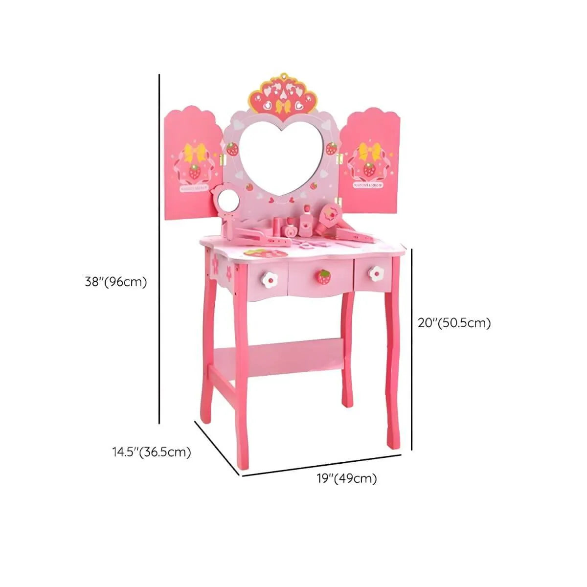Princess-Themed Kids Makeup Vanity Set with Mirror and Chair Dimensions