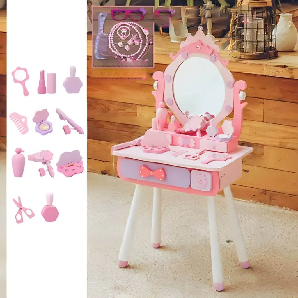 Princess-Themed Kids Makeup Vanity Set with Mirror and Storage