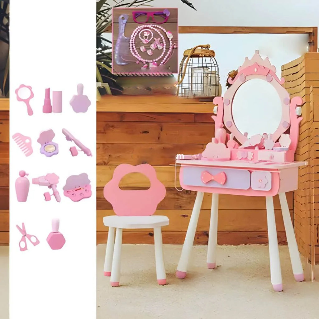 Princess-Themed Kids Makeup Vanity Set with Mirror and Storage