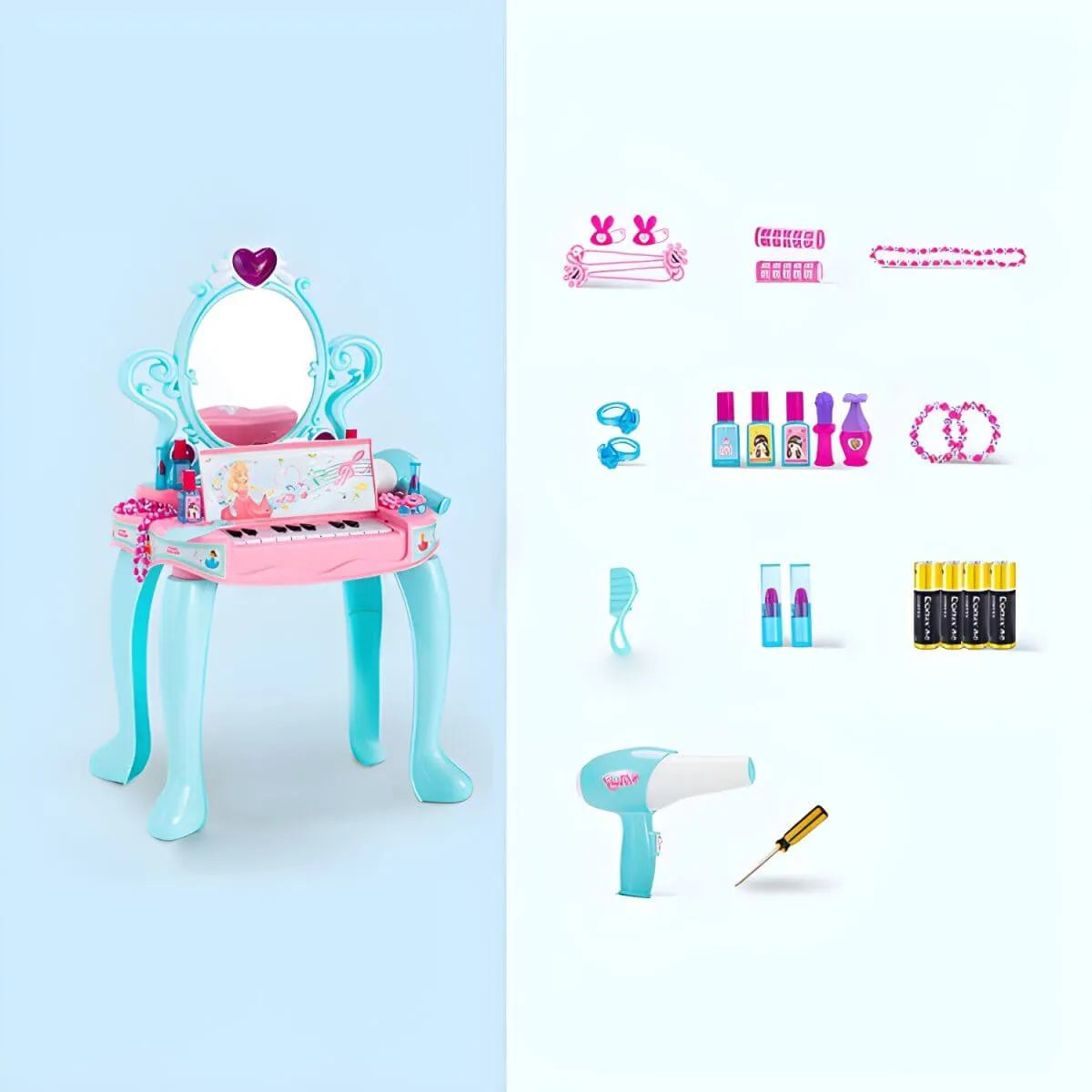 Princess-Themed Kids Makeup Vanity Set with Mirror and Toy in Blue & Pink