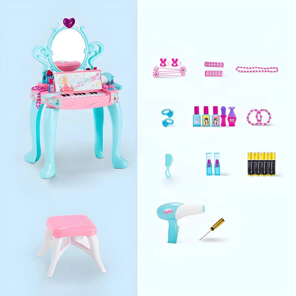 Princess-Themed Kids Makeup Vanity Set with Mirror and Toy in Blue & Pink