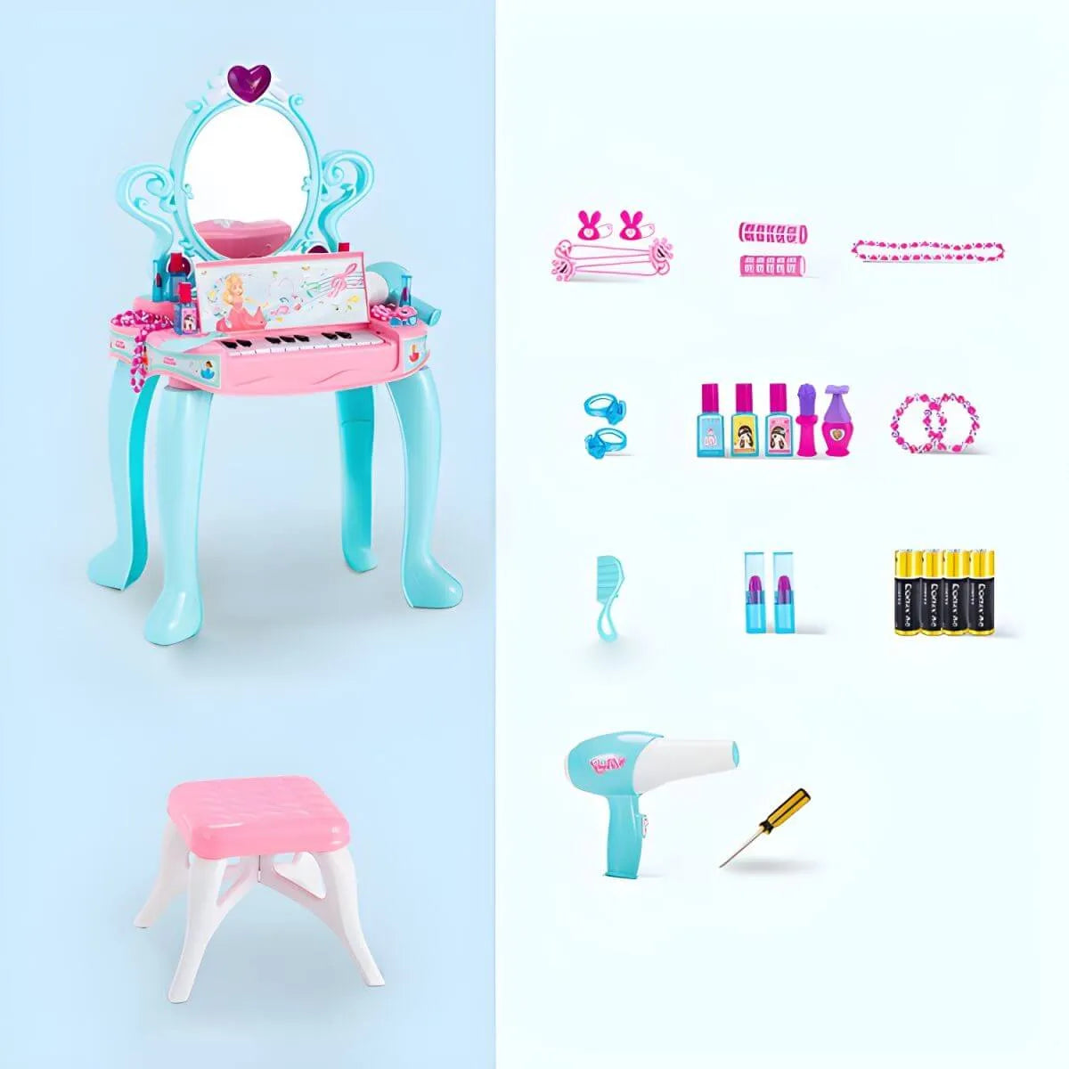 Princess-Themed Kids Makeup Vanity Set with Mirror and Toy in Blue & Pink