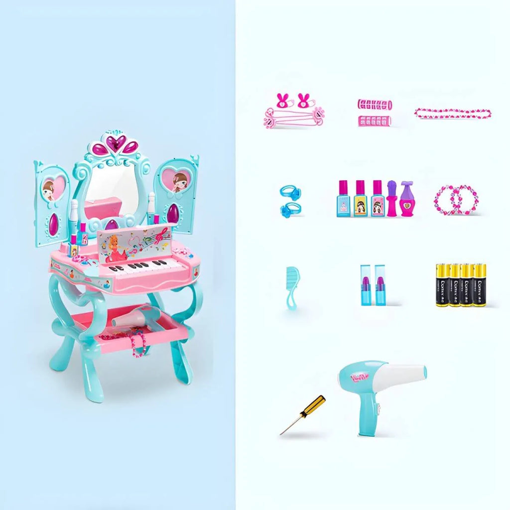 Princess-Themed Kids Makeup Vanity Set with Mirror and Toy in Blue & Pink