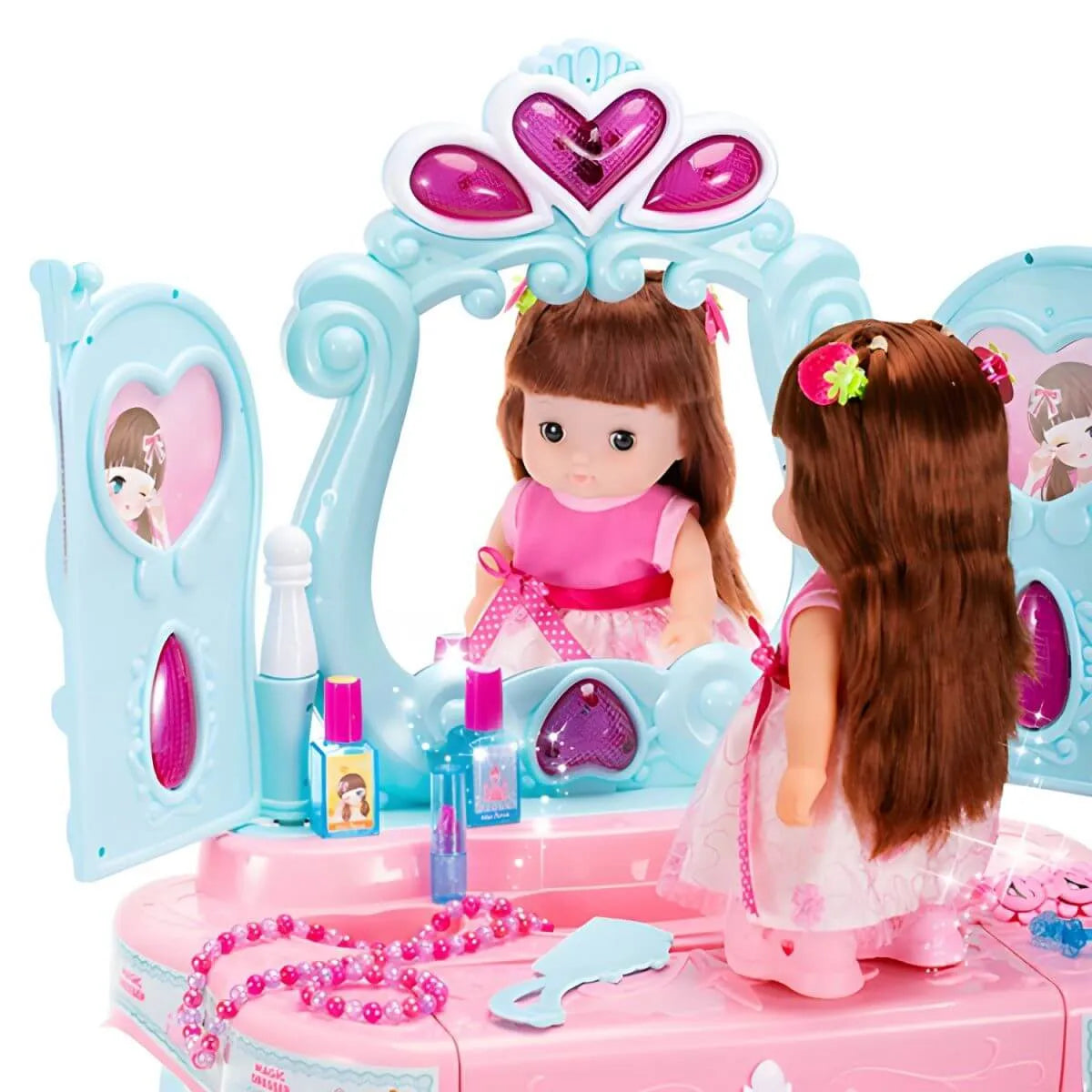 Princess-Themed Kids Makeup Vanity Set with Mirror and Toy in Blue & Pink