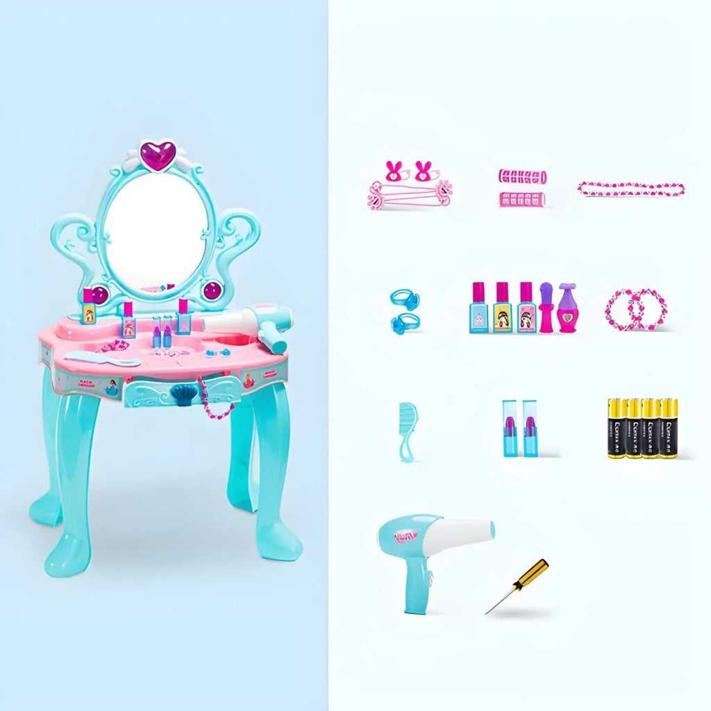 Princess-Themed Kids Makeup Vanity Set with Mirror and Toy in Blue & Pink