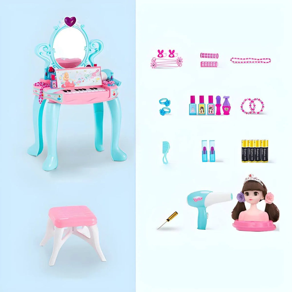 Princess-Themed Kids Makeup Vanity Set with Mirror and Toy in Blue & Pink
