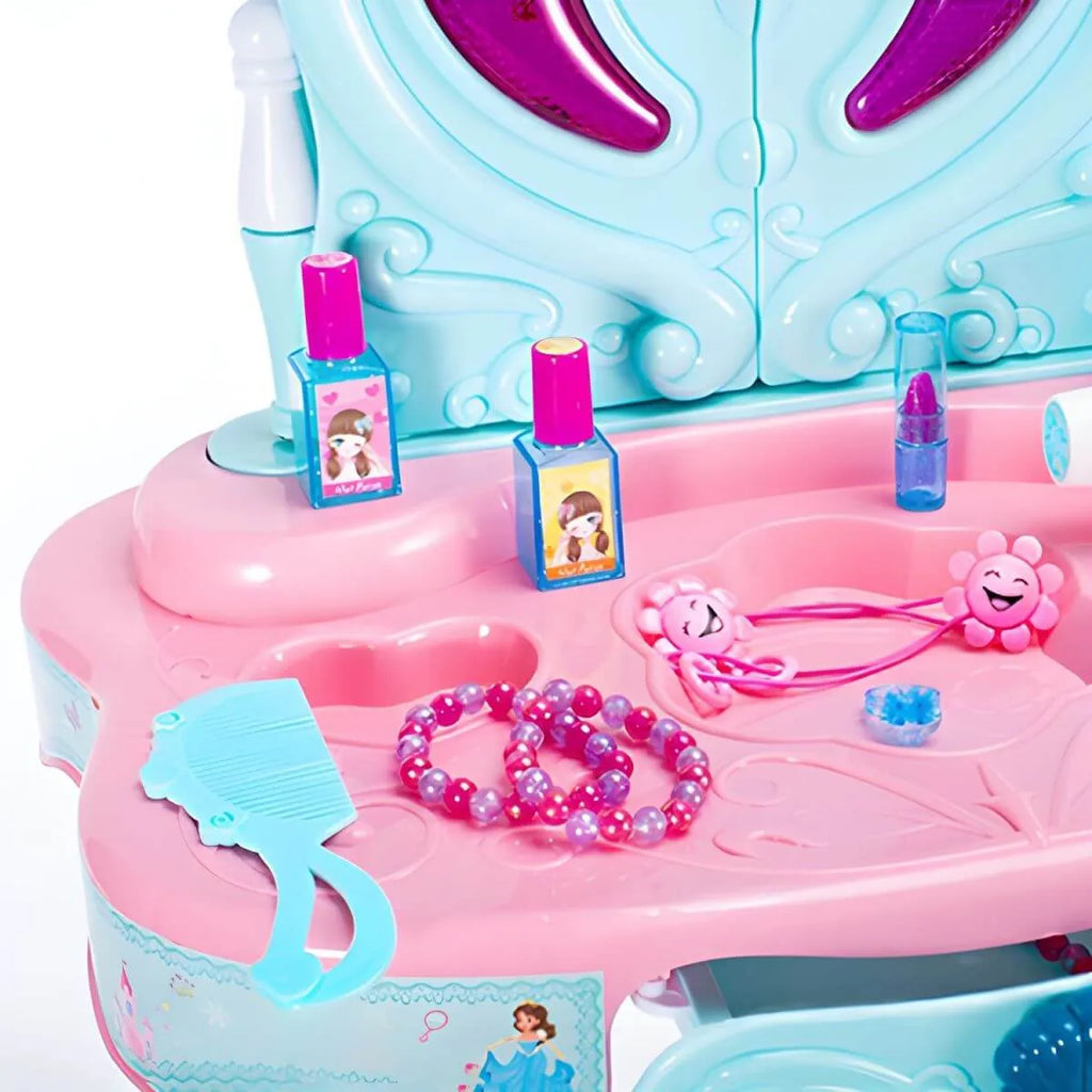 Princess-Themed Kids Makeup Vanity Set with Mirror and Toy in Blue & Pink