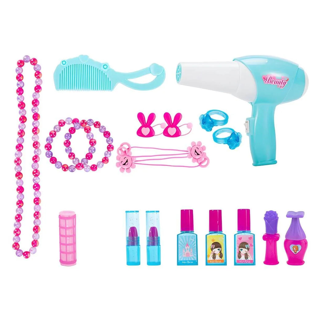 Princess-Themed Kids Makeup Vanity Set with Mirror and Toy in Blue & Pink