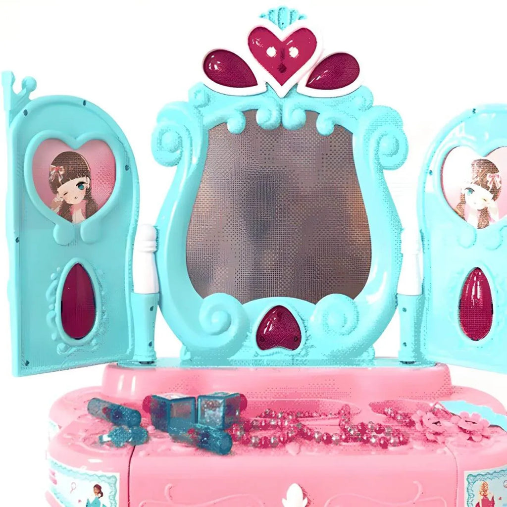 Princess-Themed Kids Makeup Vanity Set with Mirror and Toy in Blue & Pink
