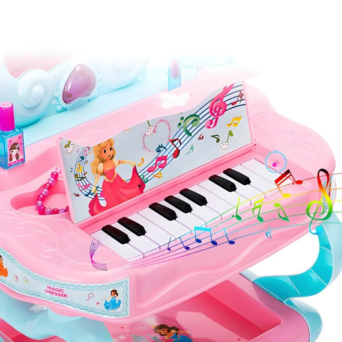 Princess-Themed Kids Makeup Vanity Set with Mirror and Toy in Blue & Pink