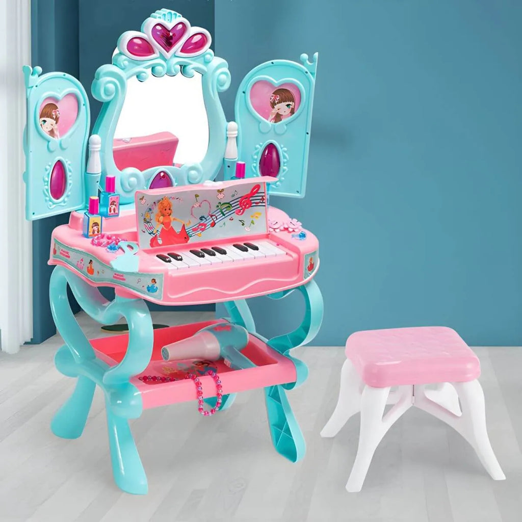 Princess-Themed Kids Makeup Vanity Set with Mirror and Toy in Blue & Pink