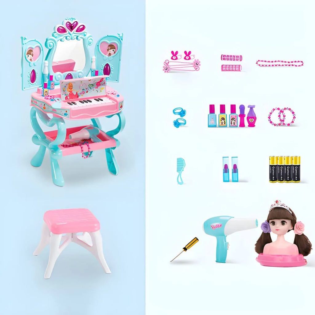 Princess-Themed Kids Makeup Vanity Set with Mirror and Toy in Blue & Pink