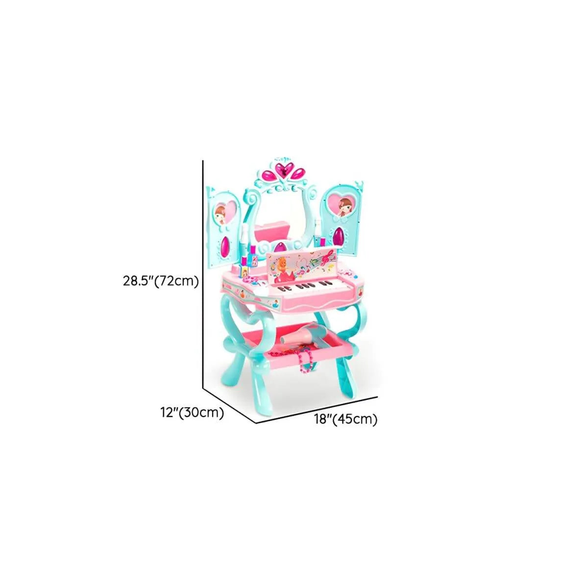 Princess-Themed Kids Makeup Vanity Set with Mirror and Toy in Blue & Pink Dimensions