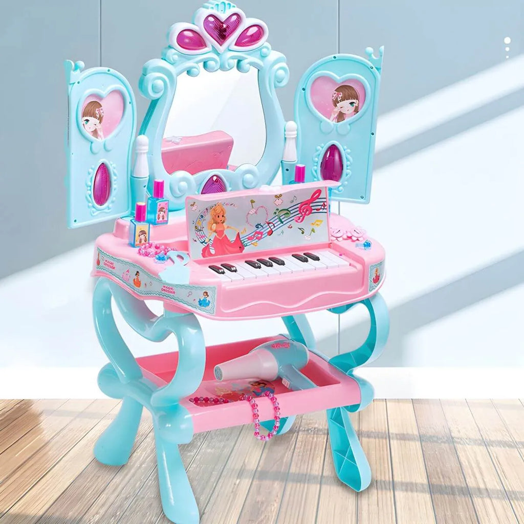 Princess-Themed Kids Makeup Vanity Set with Mirror and Toy in Blue & Pink Main Product Image