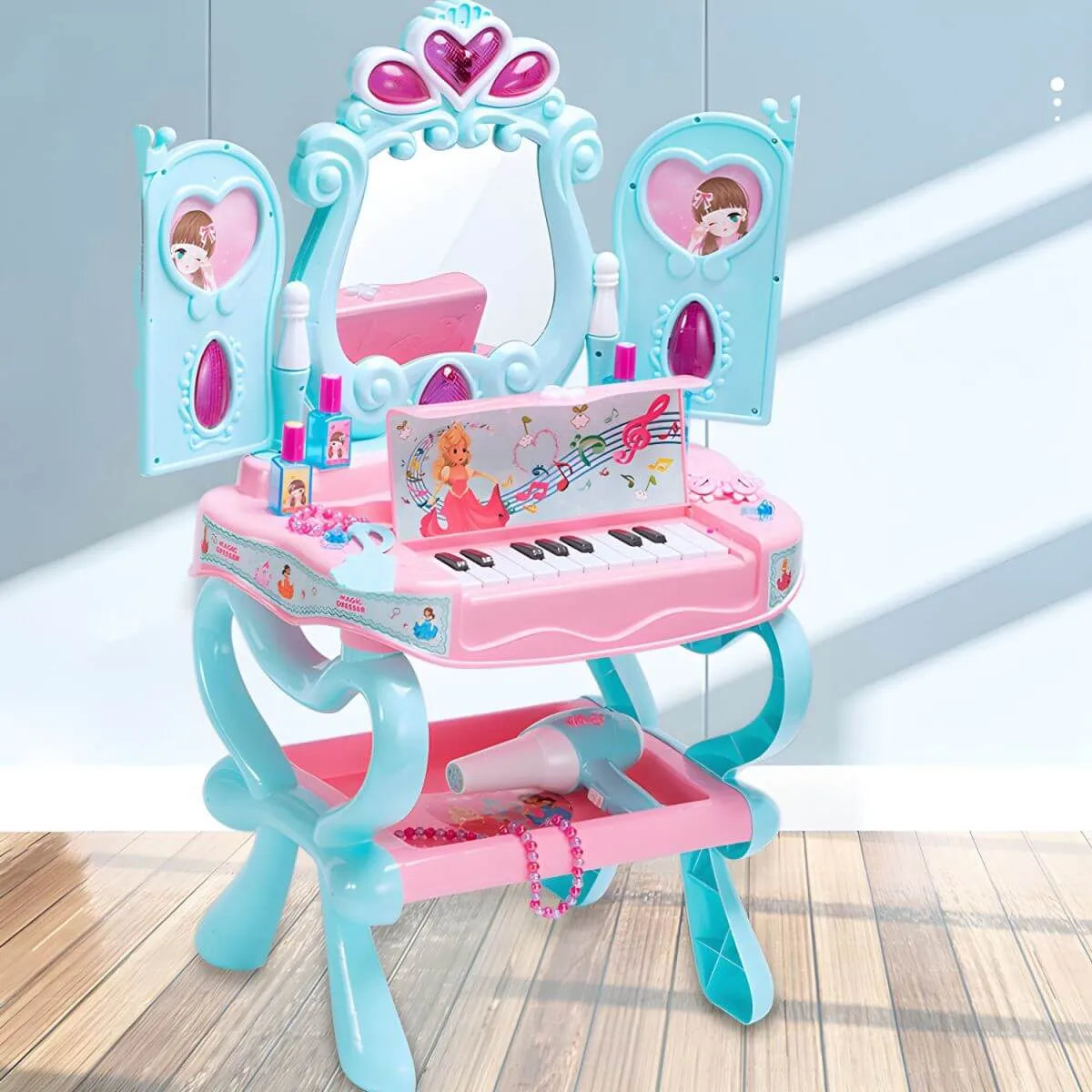 Princess-Themed Kids Makeup Vanity Set with Mirror and Toy in Blue & Pink Main Product Image Image principale du produit