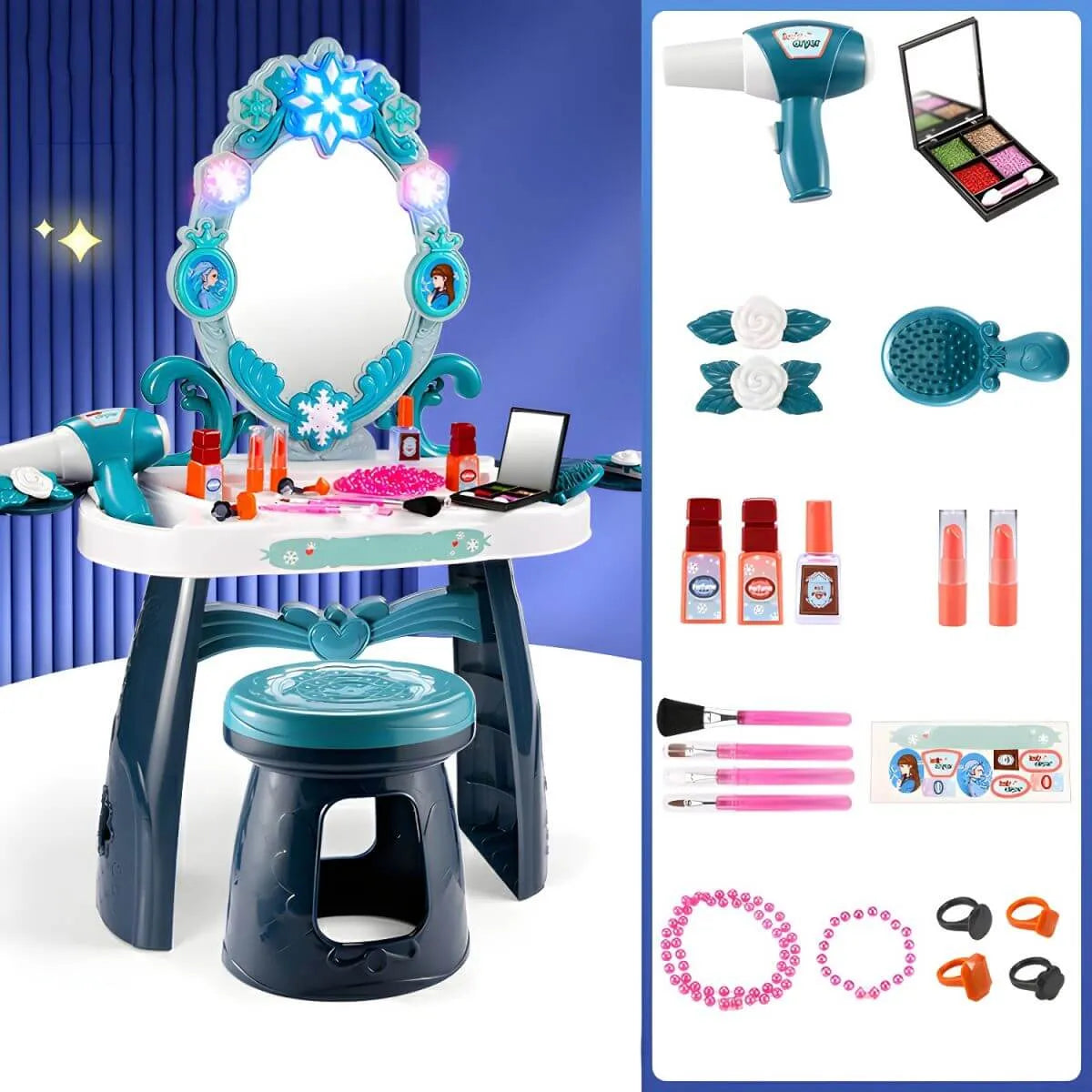 Princess-Themed Kids Makeup Vanity with LED Mirror and Stool