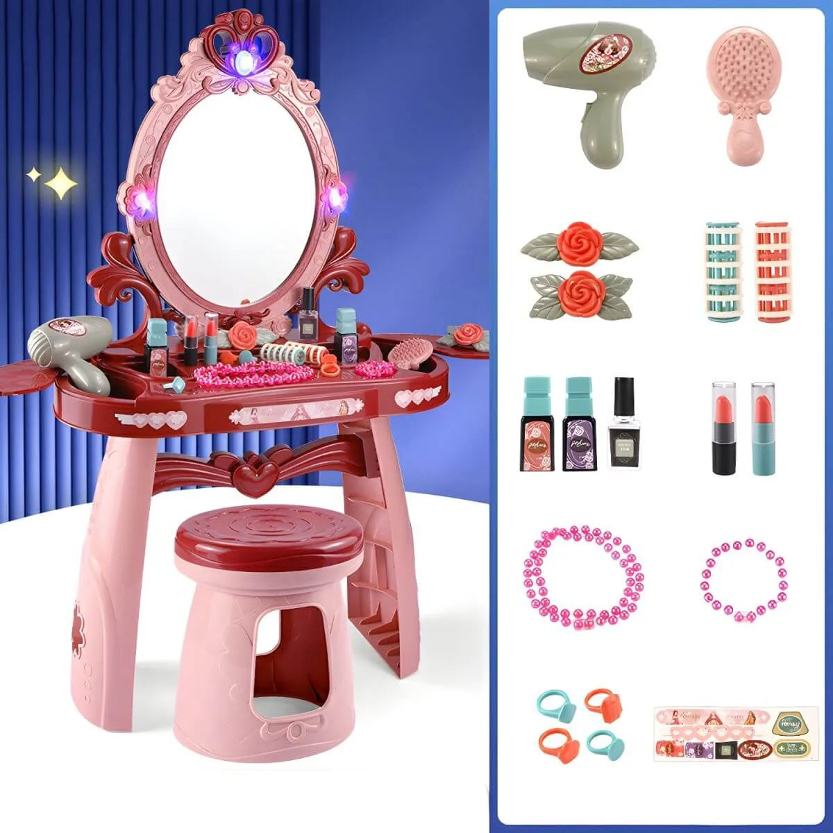 Princess-Themed Kids Makeup Vanity with LED Mirror and Stool