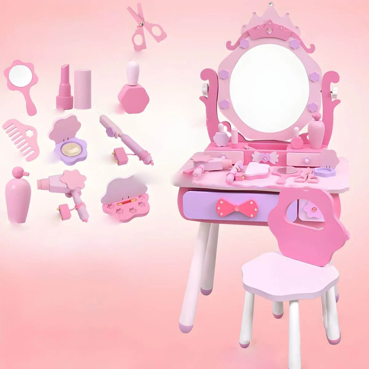 Princess-Themed Kids Vanity Set with Mirror, Chair & Toy Accessories