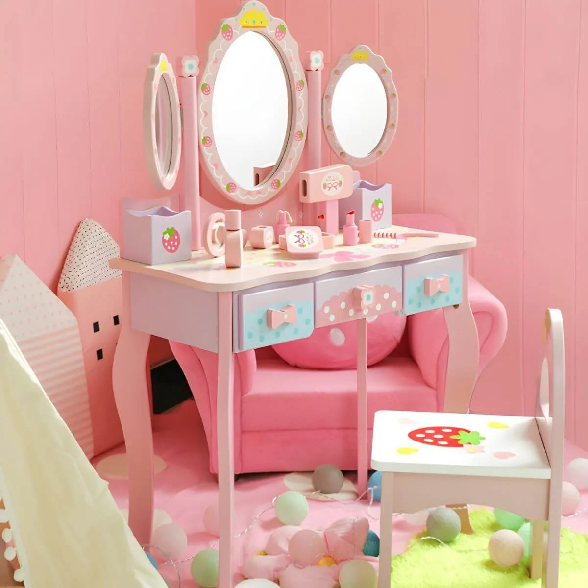 Princess-Themed Kids Vanity Set with Mirror, Chair & Toy Accessories