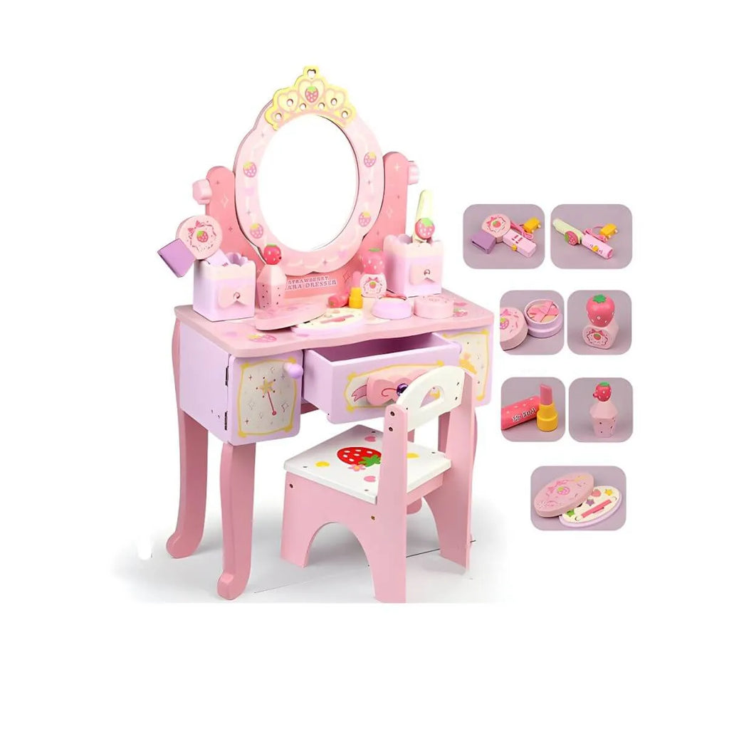 Princess-Themed Pink Wood Vanity Set with Mirror and Chair for Kids