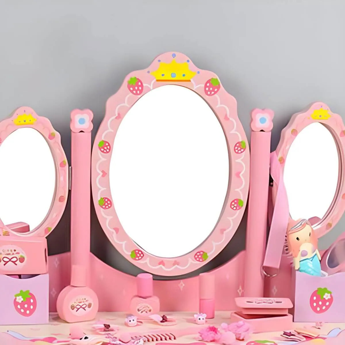 Princess-Themed Pink Wood Vanity Set with Mirror and Chair for Kids