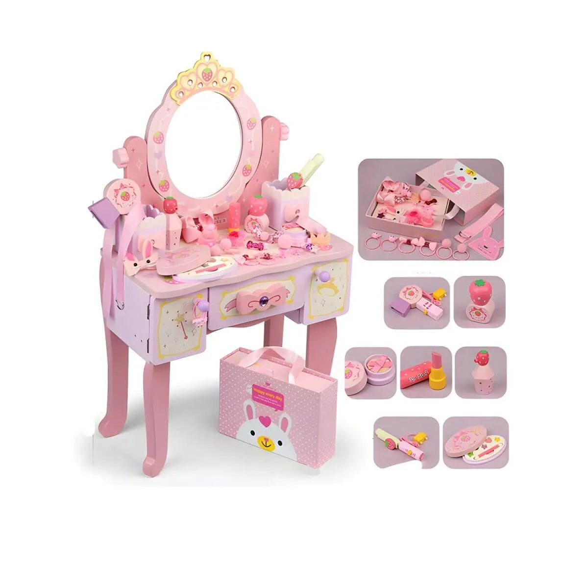 Princess-Themed Pink Wood Vanity Set with Mirror and Chair for Kids