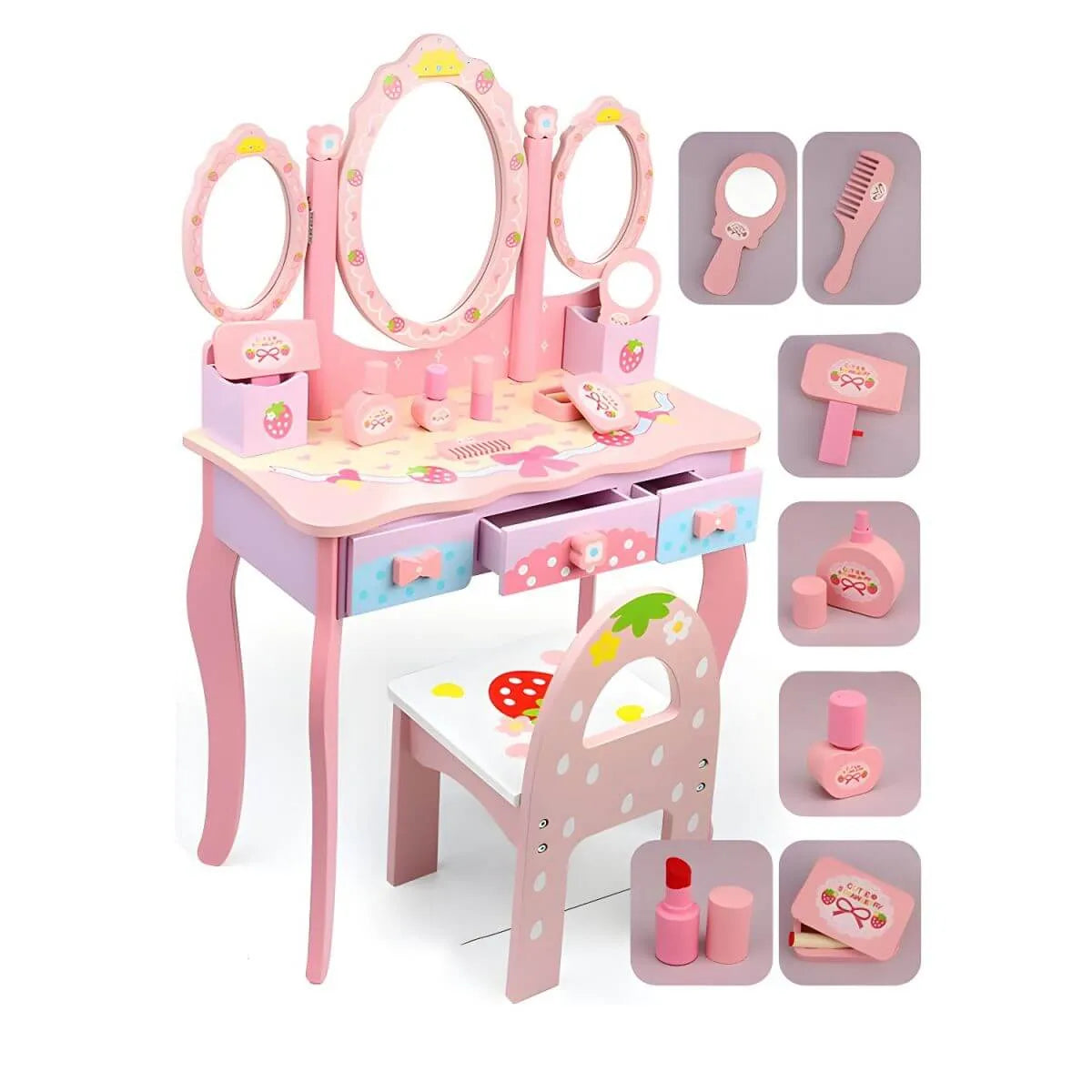 Princess-Themed Pink Wood Vanity Set with Mirror and Chair for Kids