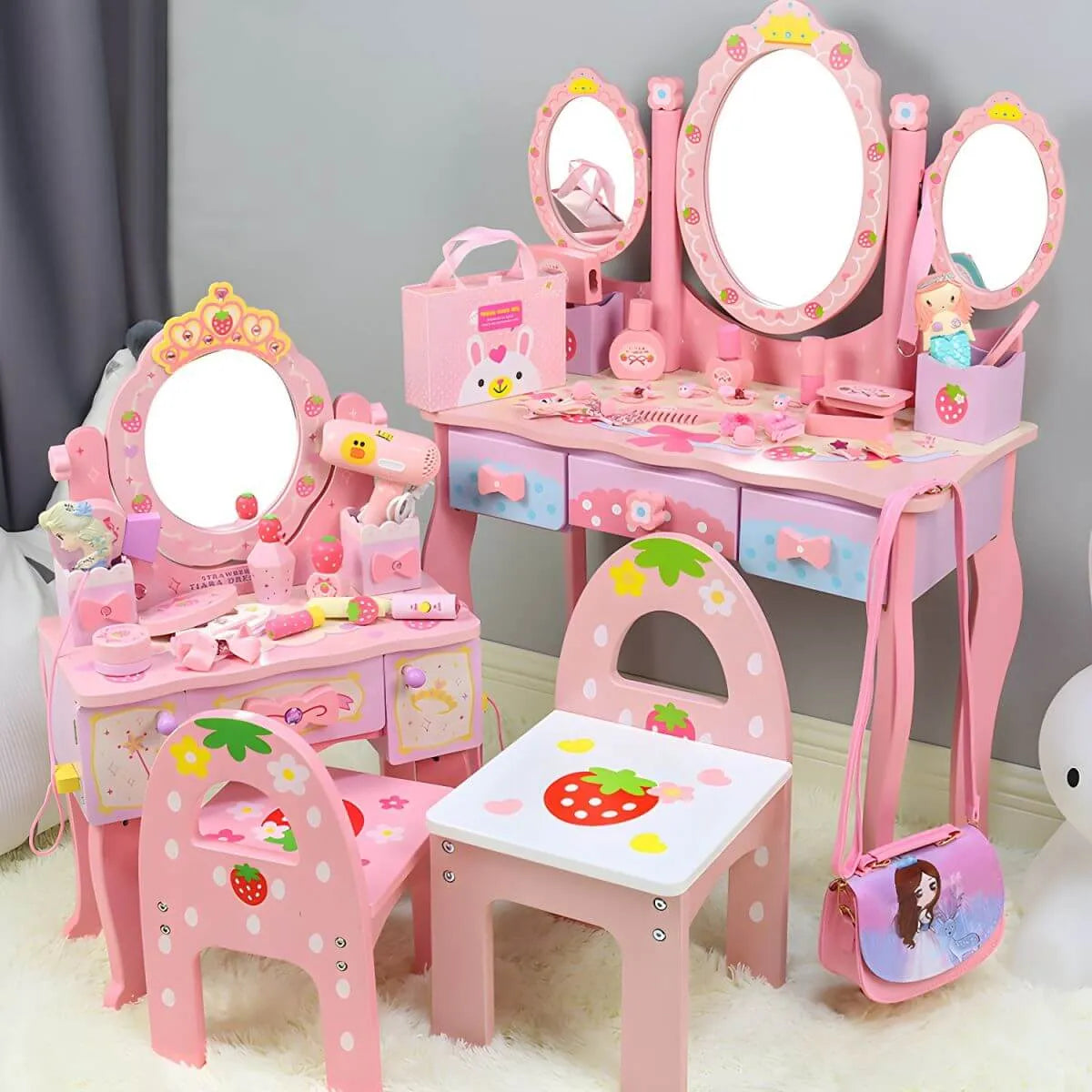 Princess-Themed Pink Wood Vanity Set with Mirror and Chair for Kids