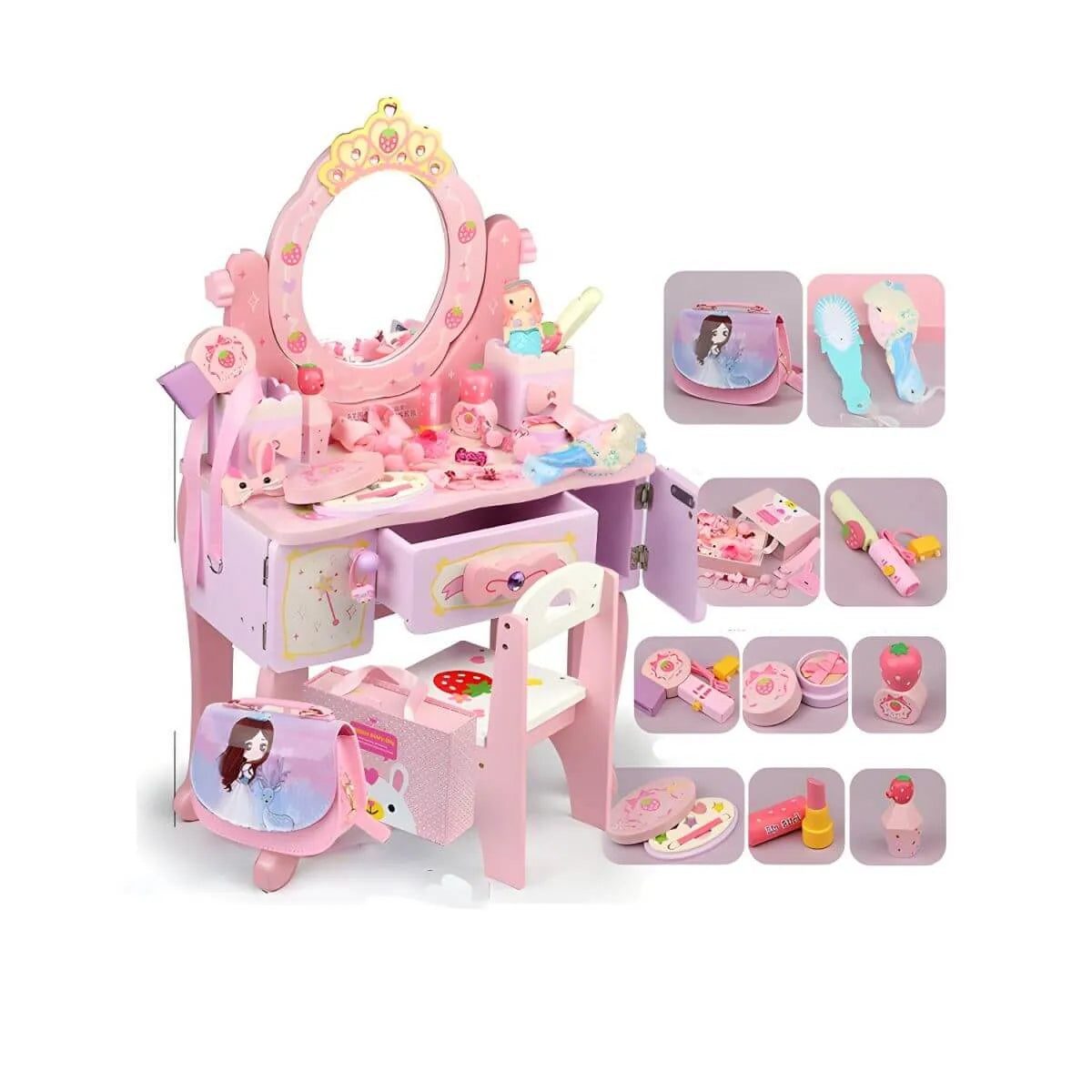 Princess-Themed Pink Wood Vanity Set with Mirror and Chair for Kids