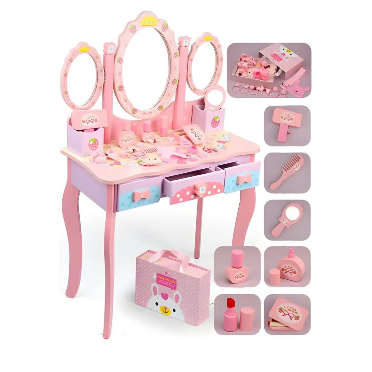 Princess-Themed Pink Wood Vanity Set with Mirror and Chair for Kids