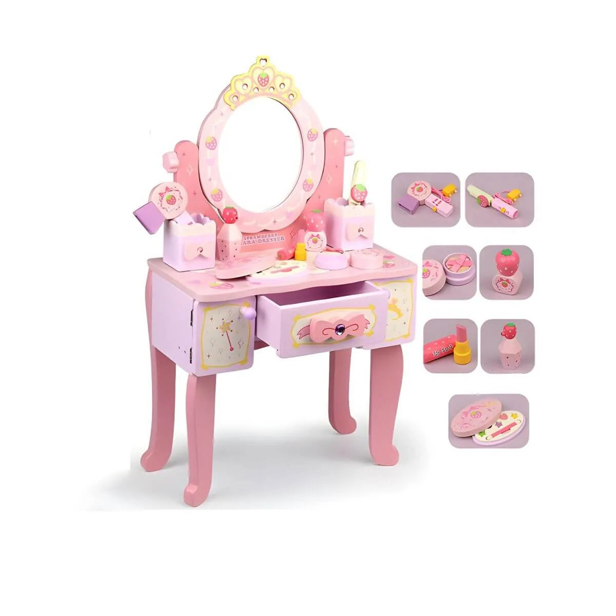 Princess-Themed Pink Wood Vanity Set with Mirror and Chair for Kids メイン画像
