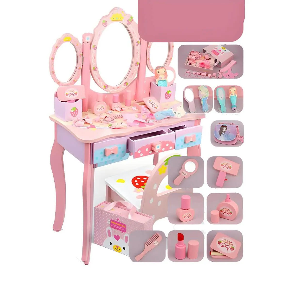 Princess-Themed Pink Wood Vanity Set with Mirror and Chair for Kids