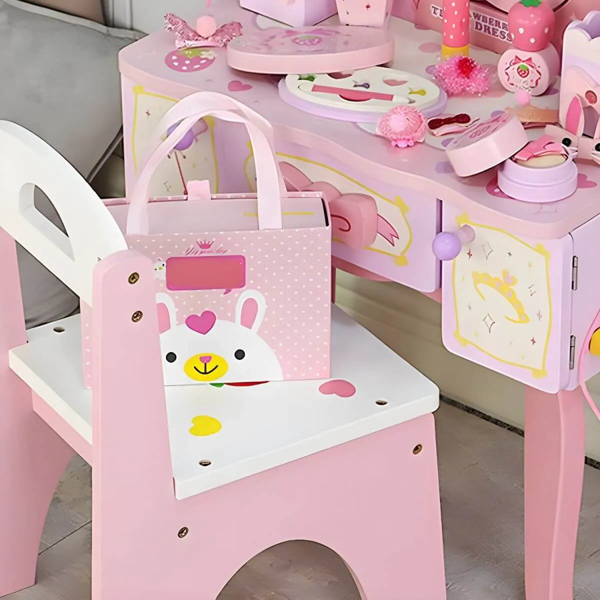 Princess-Themed Pink Wood Vanity Set with Mirror and Chair for Kids