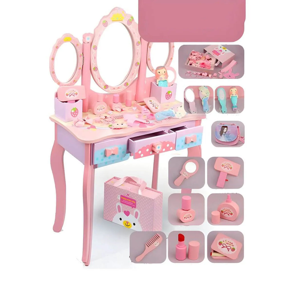 Princess-Themed Pink Wood Vanity Set with Mirror and Chair for Kids