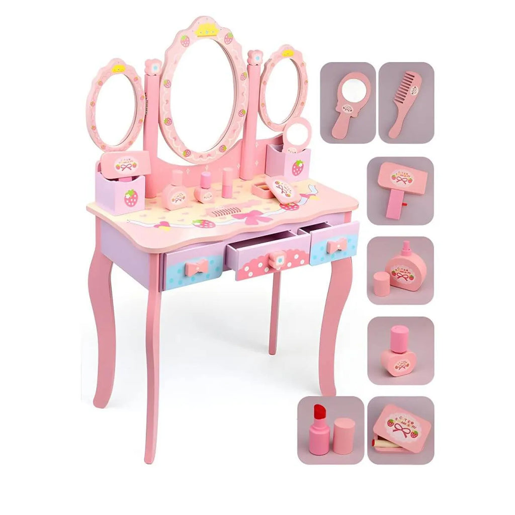 Princess-Themed Pink Wood Vanity Set with Mirror and Chair for Kids