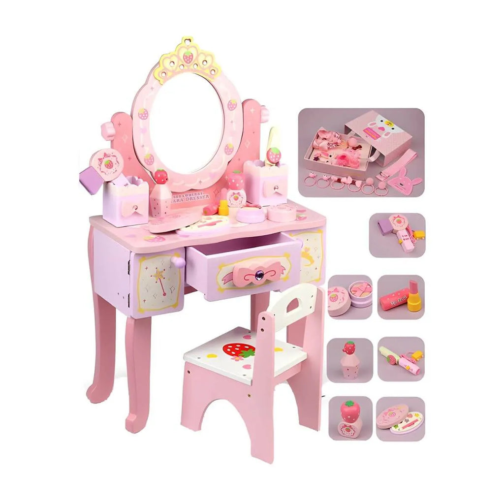 Princess-Themed Pink Wood Vanity Set with Mirror and Chair for Kids