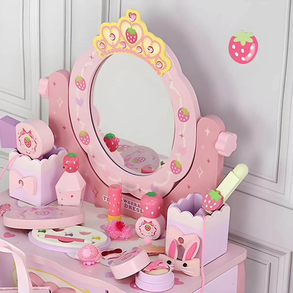 Princess-Themed Pink Wood Vanity Set with Mirror and Chair for Kids