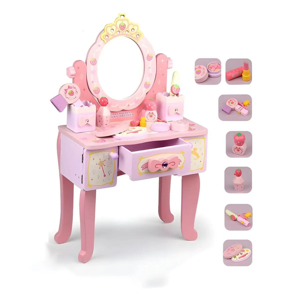 Princess-Themed Pink Wood Vanity Set with Mirror and Chair for Kids