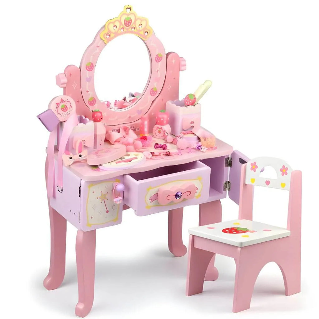 Princess-Themed Pink Wood Vanity Set with Mirror and Chair for Kids