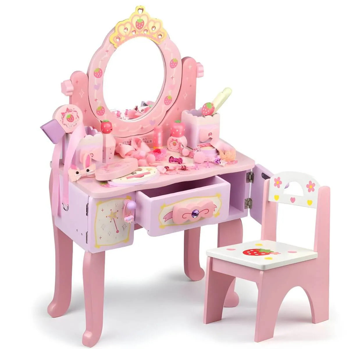 Princess-Themed Pink Wood Vanity Set with Mirror and Chair for Kids