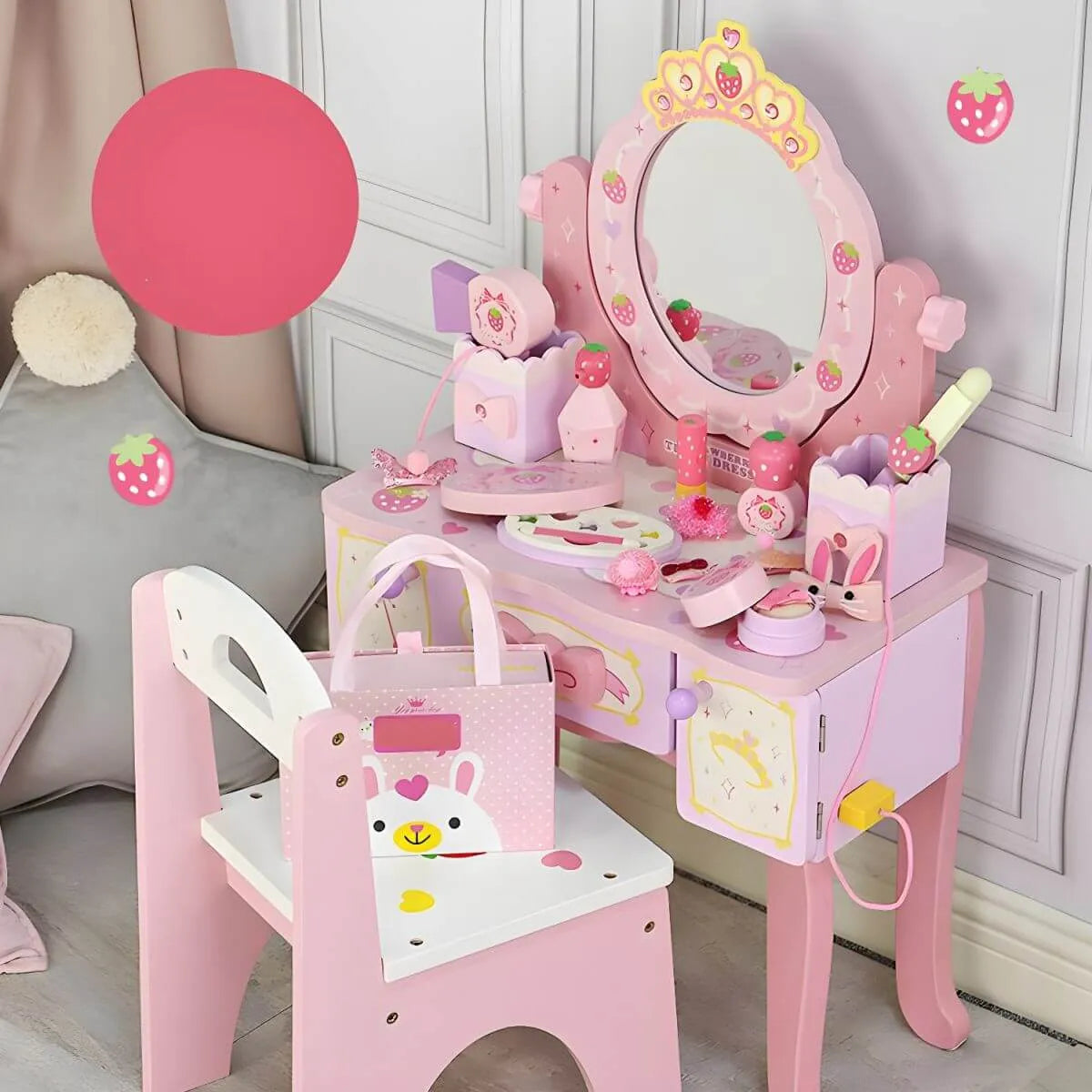 Princess-Themed Pink Wood Vanity Set with Mirror and Chair for Kids