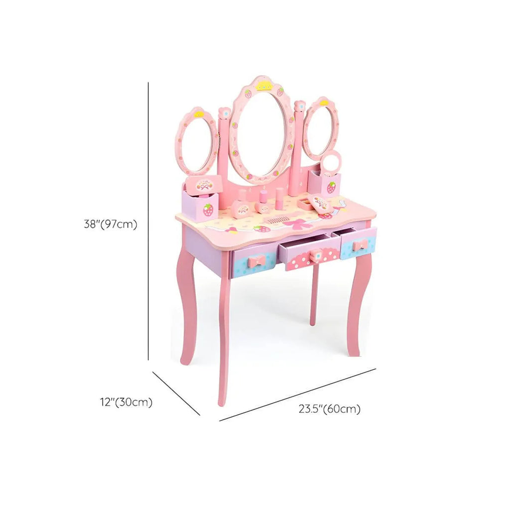 Princess-Themed Pink Wood Vanity Set with Mirror and Chair for Kids Dimensions