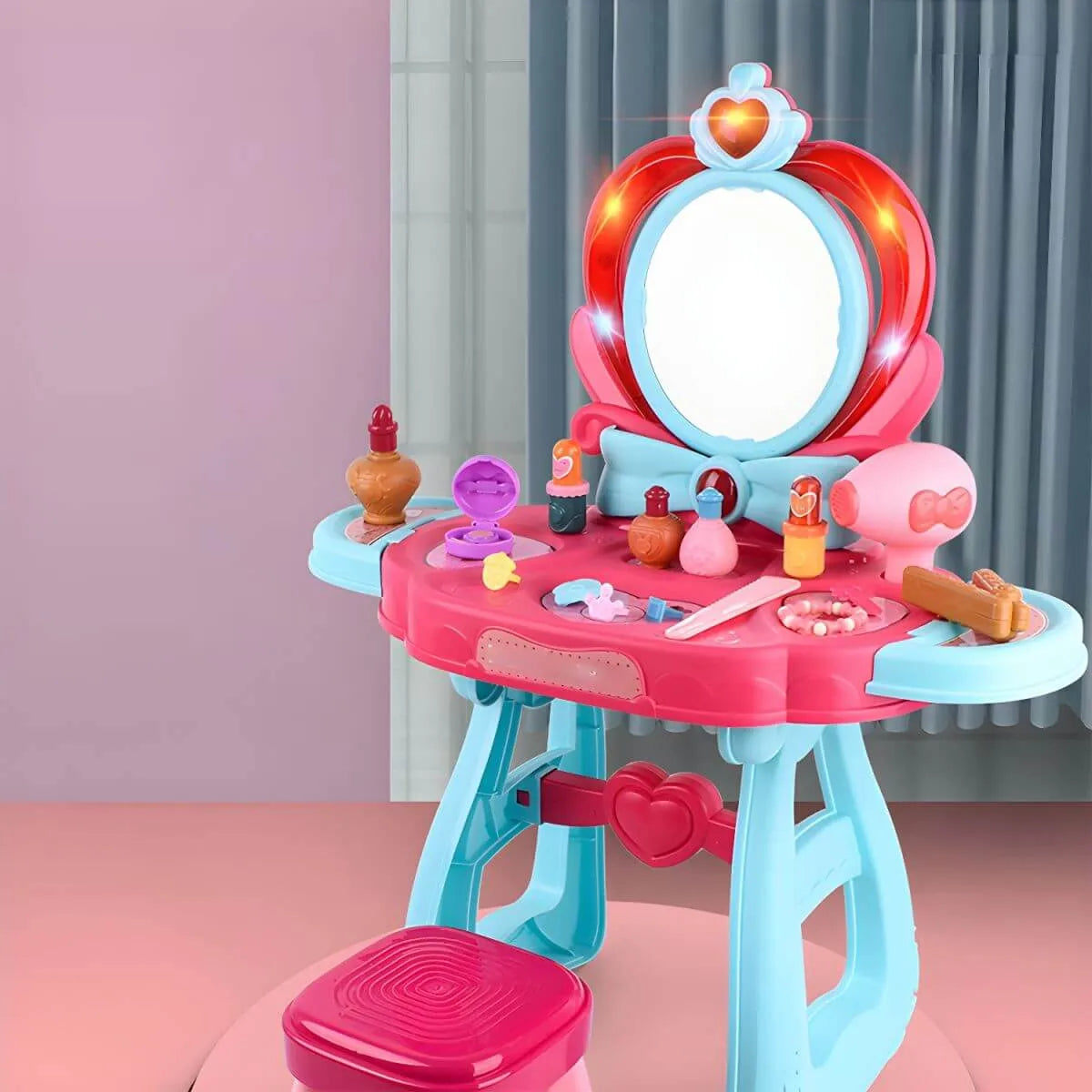 Princess-Themed Plastic Kids Vanity Set with LED Mirror and Stool