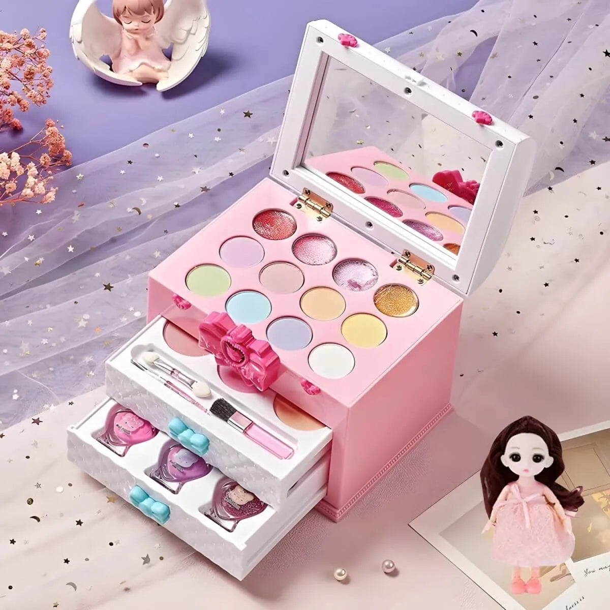 Princess-Themed Plastic Vanity Set with Mirror and Makeup Kit